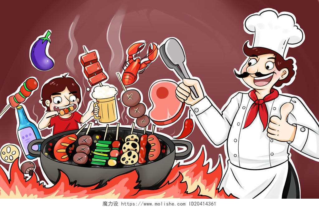 卡通写实夜市美食烧烤人物插画海报